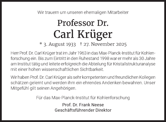 Traueranzeige von Prof. Dr. Carl Krüger von Tageszeitung