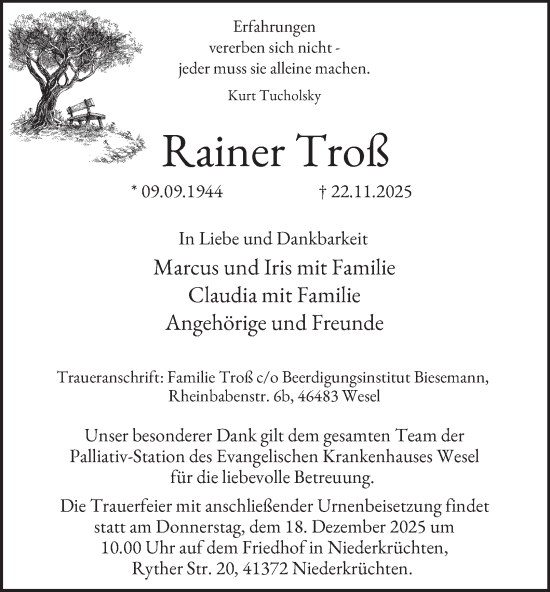 Traueranzeige von Rainer Troß von Tageszeitung