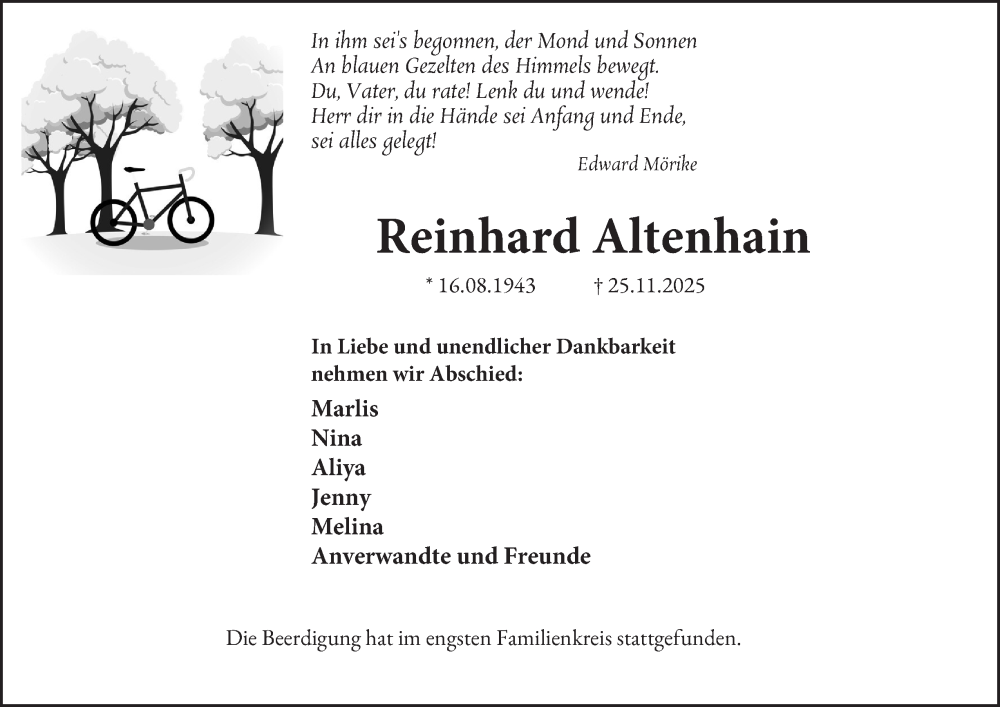  Traueranzeige für Reinhard Altenhain vom 04.12.2025 aus Tageszeitung