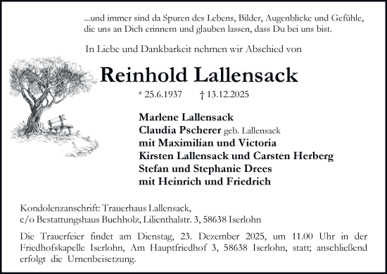 Traueranzeige von Reinhold Lallensack von Tageszeitung