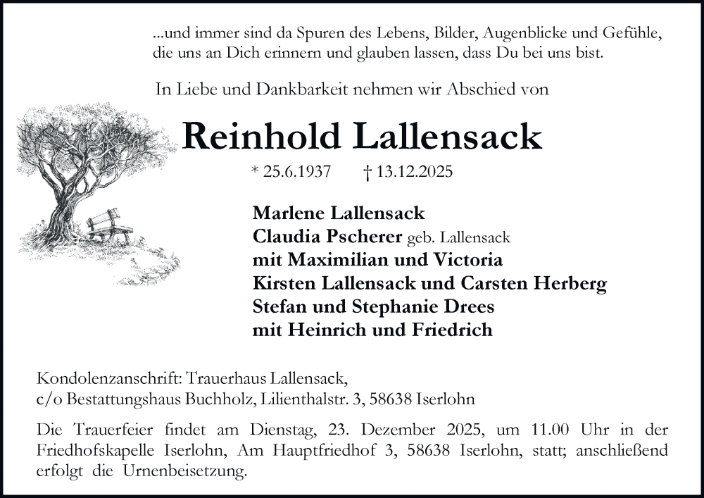  Traueranzeige für Reinhold Lallensack vom 20.12.2025 aus Tageszeitung