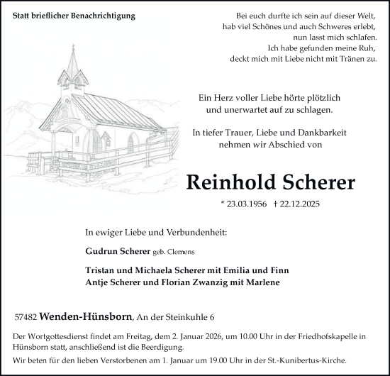 Traueranzeige von Reinhold Scherer von Tageszeitung