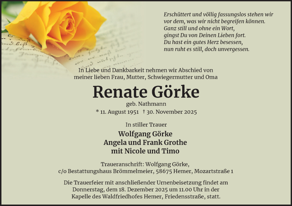  Traueranzeige für Renate Görke vom 13.12.2025 aus Tageszeitung