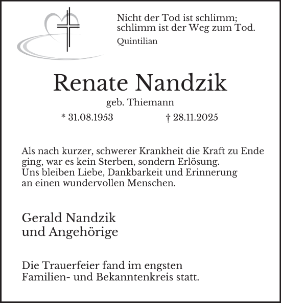 Traueranzeige von Renate Nandzik von Tageszeitung