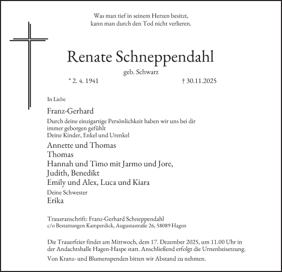 Traueranzeige von Renate Schneppendahl von Tageszeitung