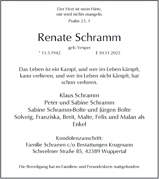 Traueranzeige von Renate Schramm von Tageszeitung