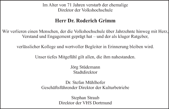 Traueranzeige von Roderich Grimm von Tageszeitung