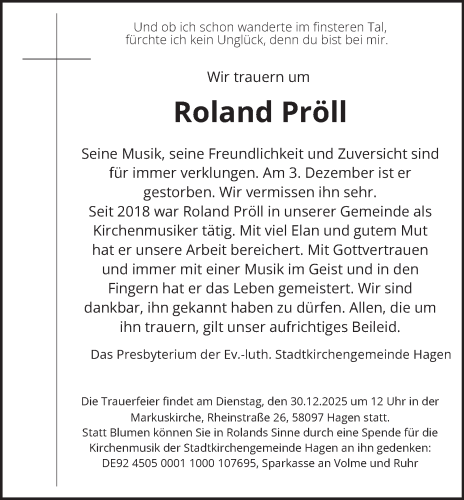  Traueranzeige für Roland Pröll vom 27.12.2025 aus Tageszeitung