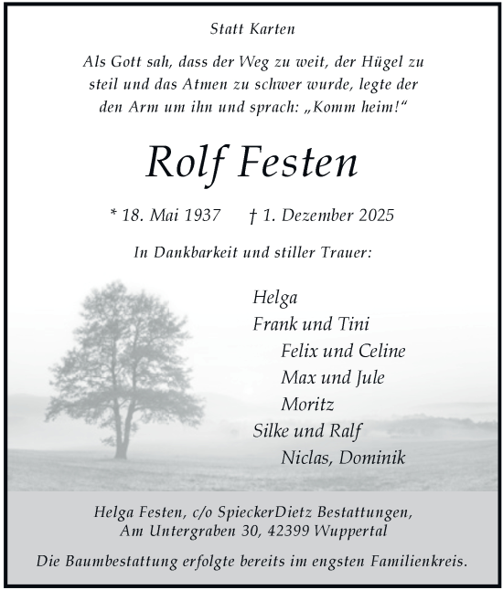 Traueranzeige von Rolf Festen von Tageszeitung