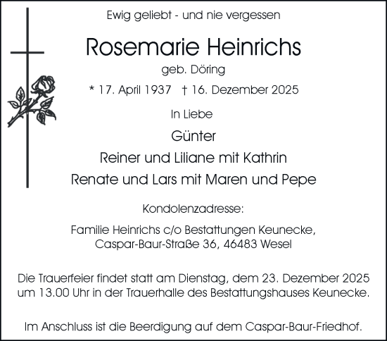 Traueranzeige von Rosemarie Heinrichs von Tageszeitung