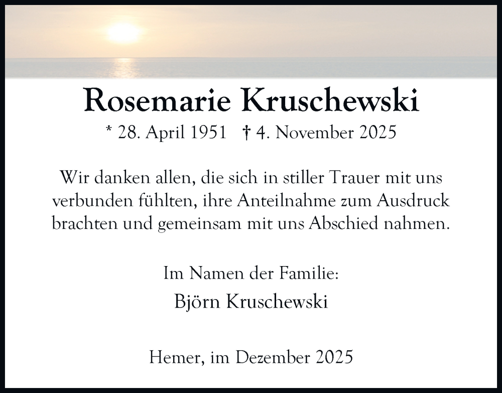  Traueranzeige für Rosemarie Kruschewski vom 13.12.2025 aus Tageszeitung