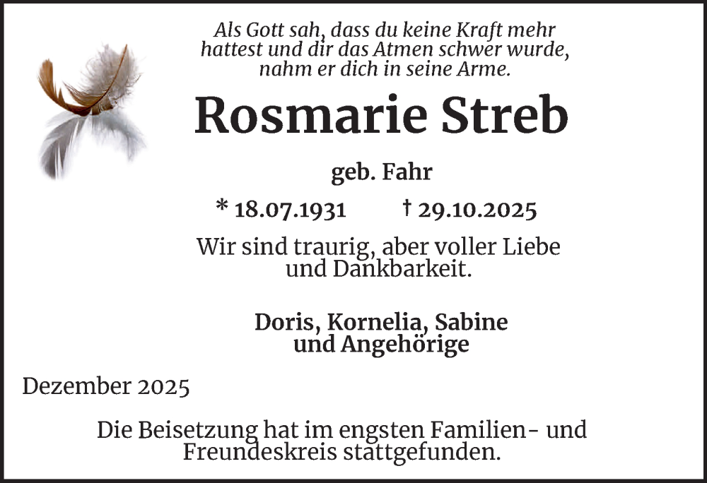  Traueranzeige für Rosmarie Streb vom 20.12.2025 aus Tageszeitung