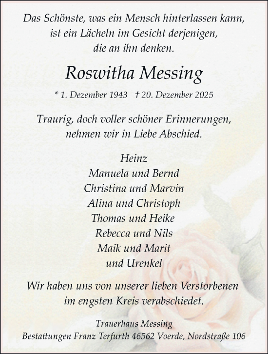Traueranzeige von Roswitha Messing von Tageszeitung