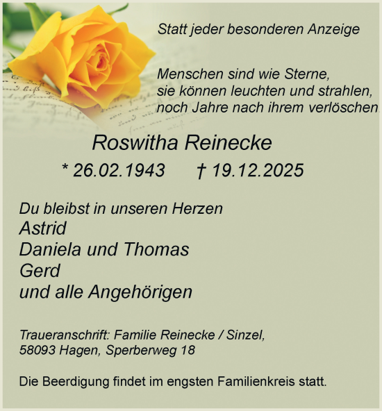 Traueranzeige von Roswitha Reinecke von Tageszeitung