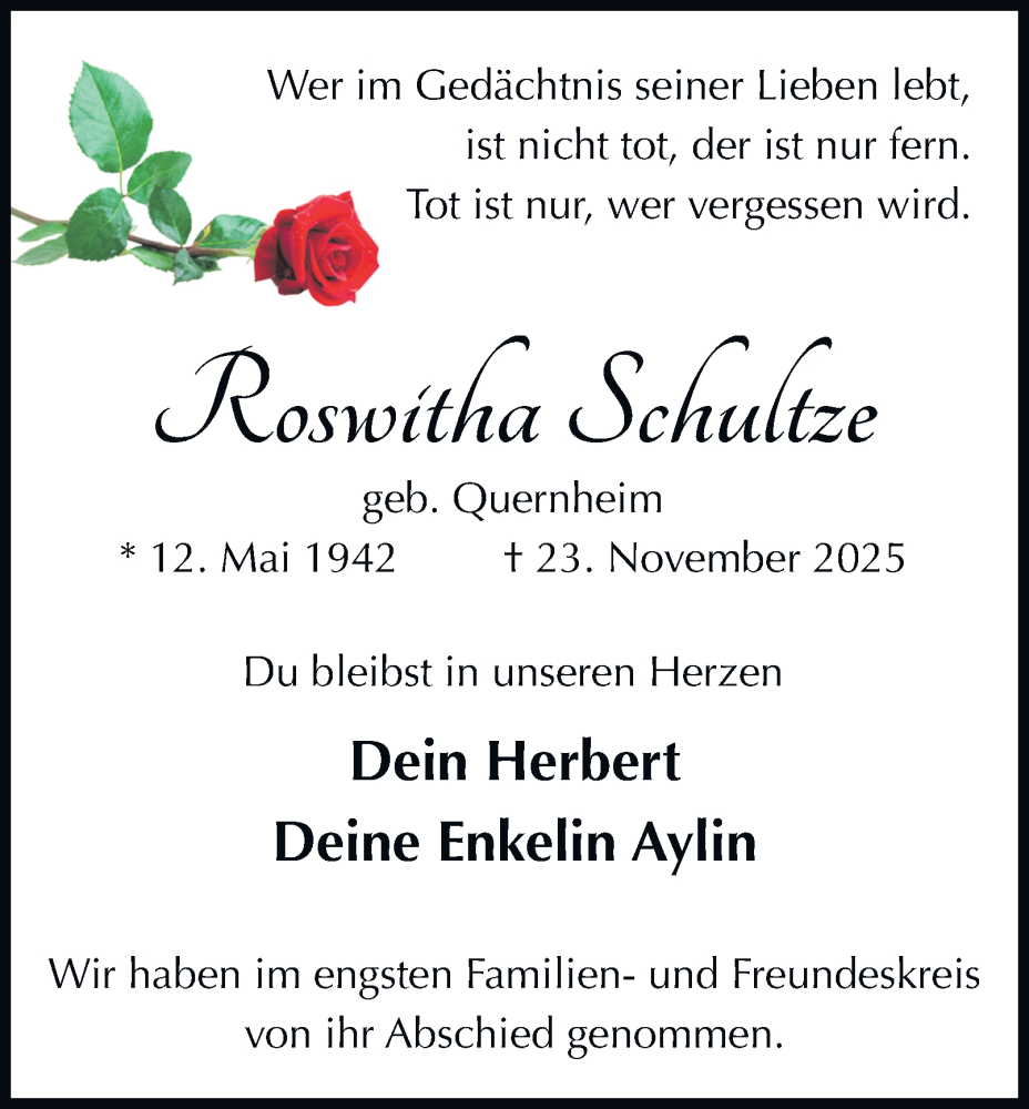  Traueranzeige für Roswitha Schultze vom 06.12.2025 aus Tageszeitung