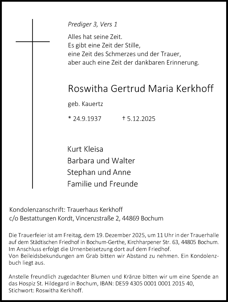  Traueranzeige für Roswitha Gertrud Maria Kerkhoff vom 13.12.2025 aus Tageszeitung