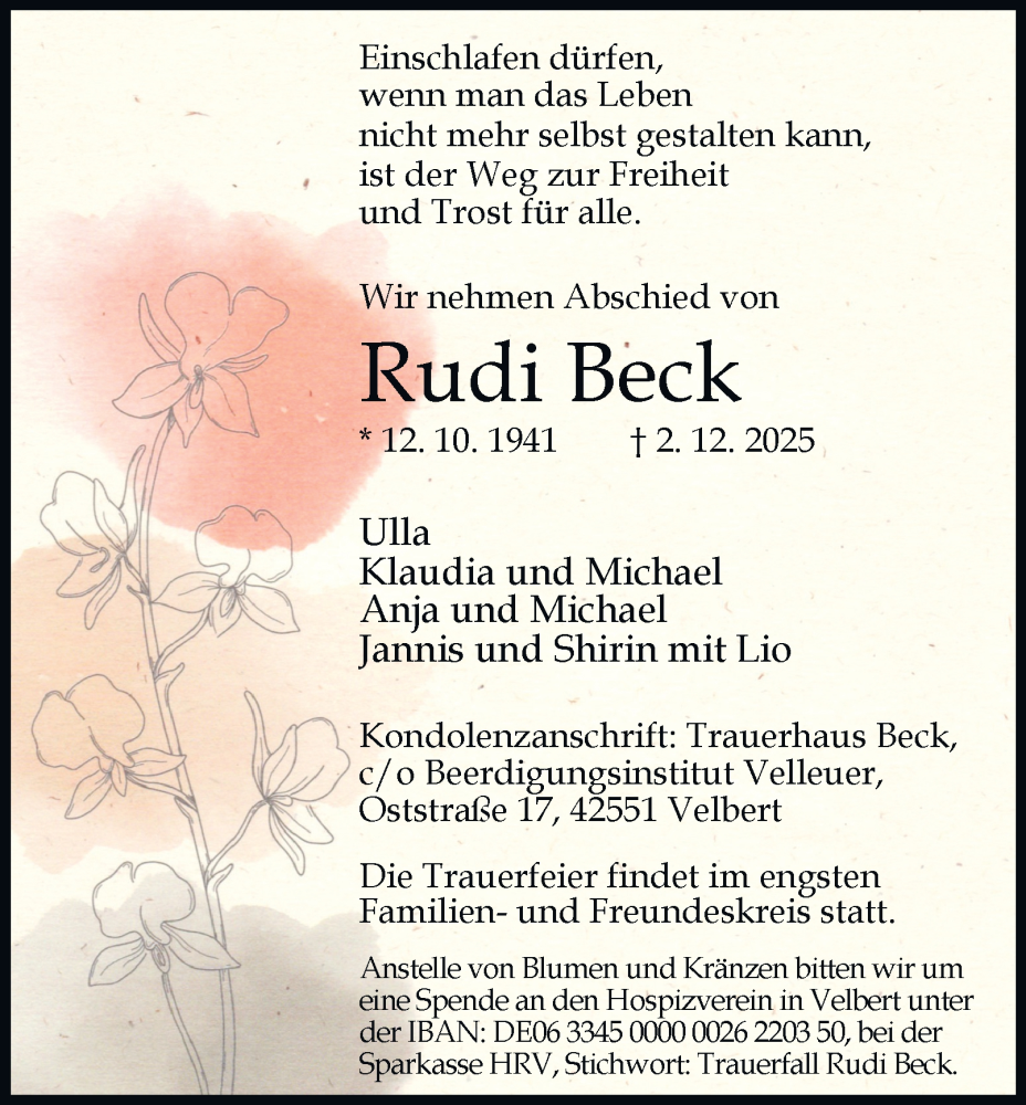  Traueranzeige für Rudi Beck vom 20.12.2025 aus Tageszeitung