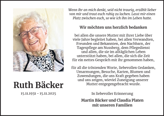 Traueranzeige von Ruth Bäcker von Tageszeitung