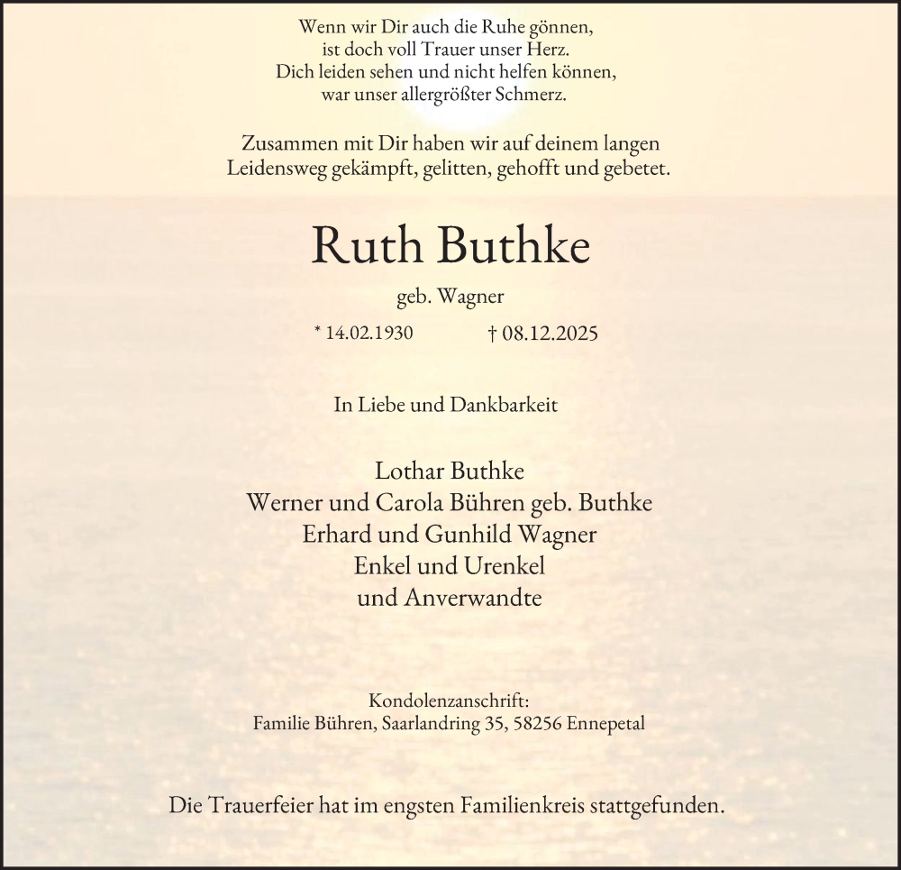  Traueranzeige für Ruth Buthke vom 20.12.2025 aus Tageszeitung