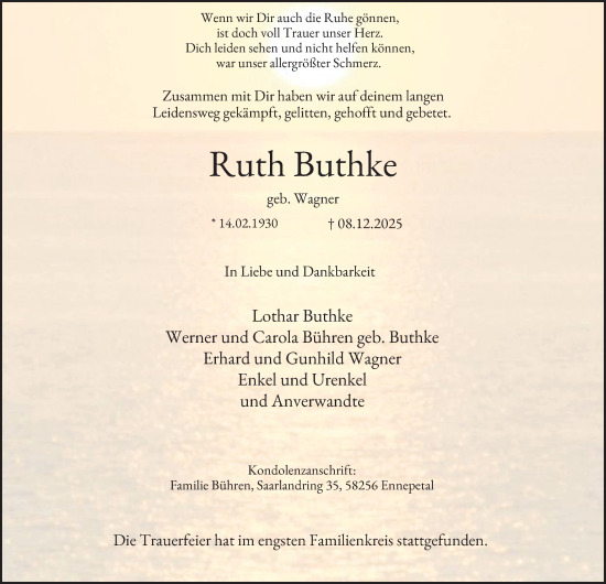 Traueranzeige von Ruth Buthke von Tageszeitung