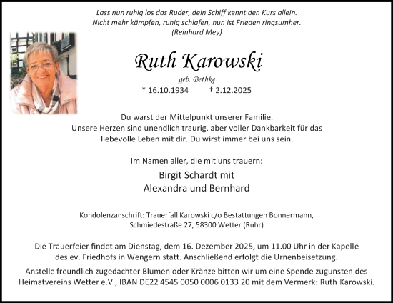 Traueranzeige von Ruth Karowski von Tageszeitung
