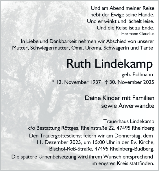 Traueranzeige von Ruth Lindekamp von Tageszeitung
