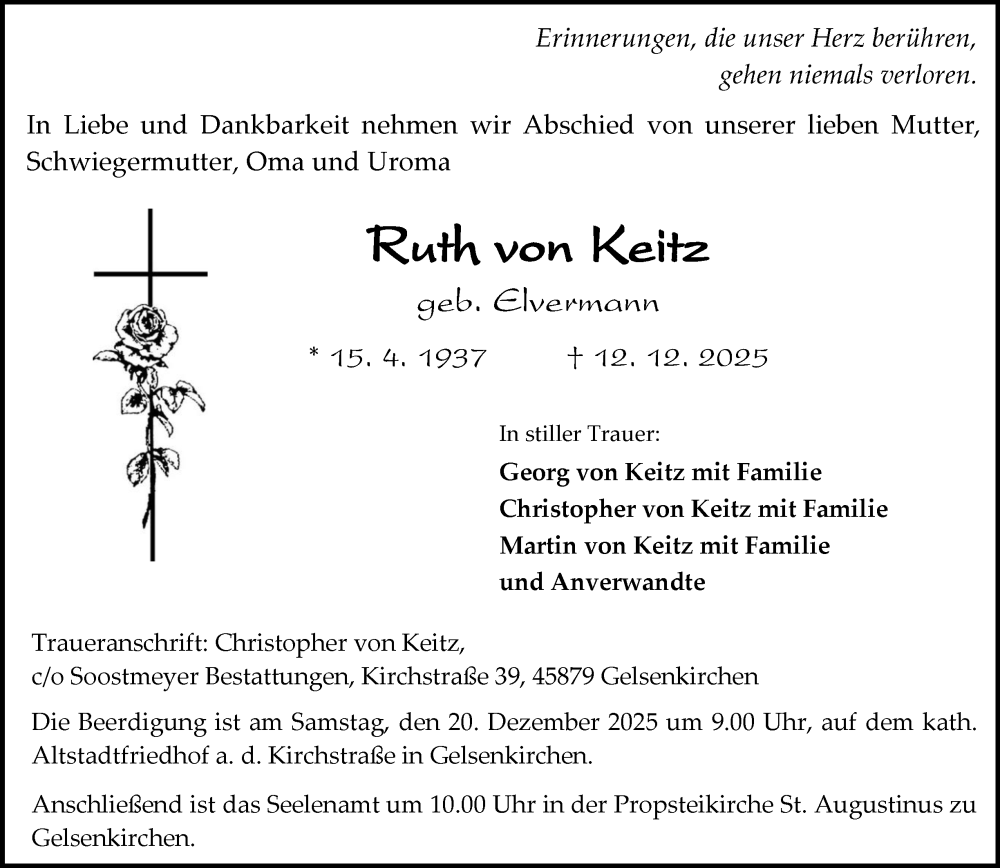  Traueranzeige für Ruth von Keitz vom 17.12.2025 aus Tageszeitung