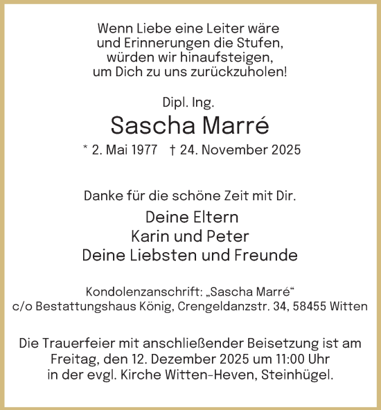 Traueranzeige von Sascha Marré von Tageszeitung