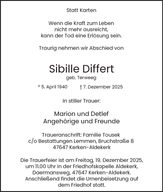 Traueranzeige von Sibille Differt von Tageszeitung