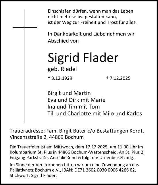 Traueranzeige von Sigrid Flader von Tageszeitung