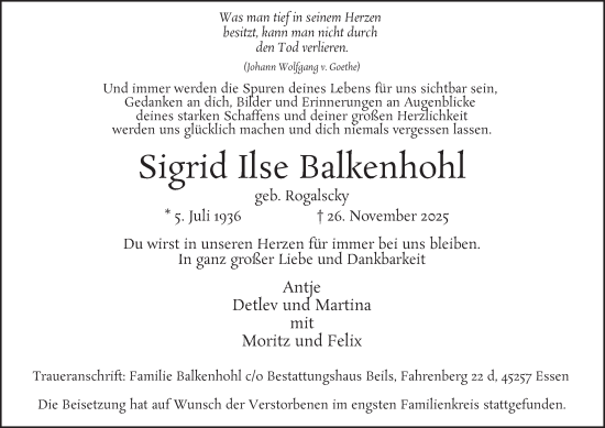 Traueranzeige von Sigrid Ilse Balkenhohl von Tageszeitung