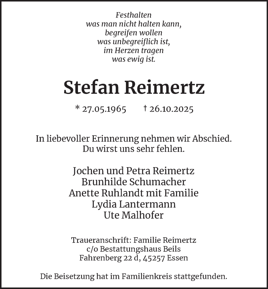  Traueranzeige für Stefan Reimertz vom 03.12.2025 aus Tageszeitung