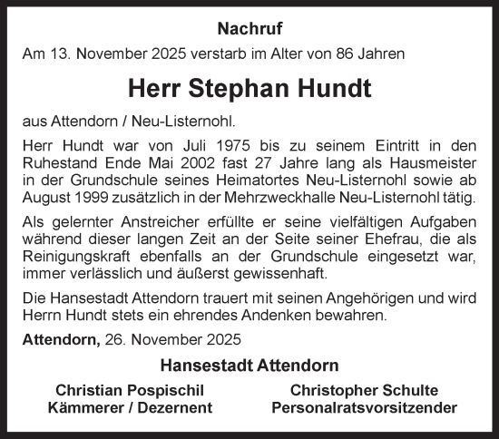 Traueranzeige von Stephan Hundt von Tageszeitung