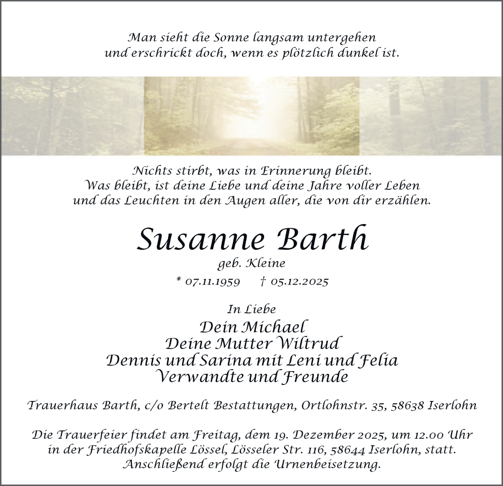  Traueranzeige für Susanne Barth vom 13.12.2025 aus Tageszeitung