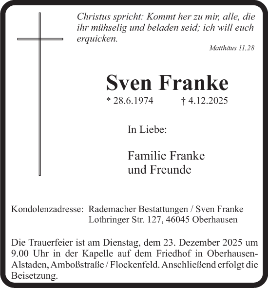 Traueranzeige von Sven Franke von Tageszeitung