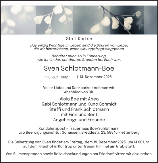 Traueranzeige von Sven Schlotmann-Boe von Tageszeitung