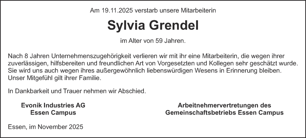  Traueranzeige für Sylvia Grendel vom 06.12.2025 aus Tageszeitung