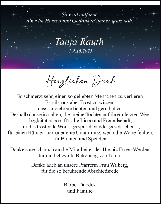 Traueranzeige von Tanja Rauth von Tageszeitung