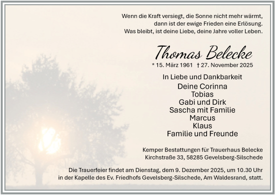 Traueranzeige von Thomas Belecke von Tageszeitung