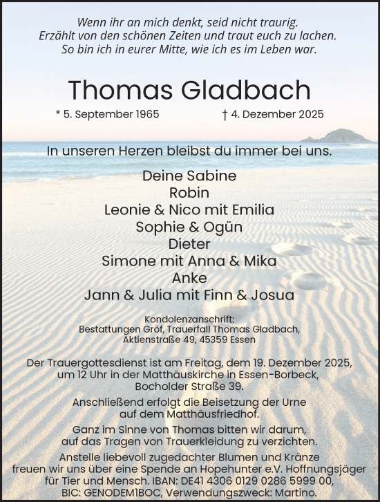 Traueranzeige von Thomas Gladbach von Tageszeitung