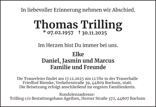 Traueranzeige von Thomas Trilling von Tageszeitung