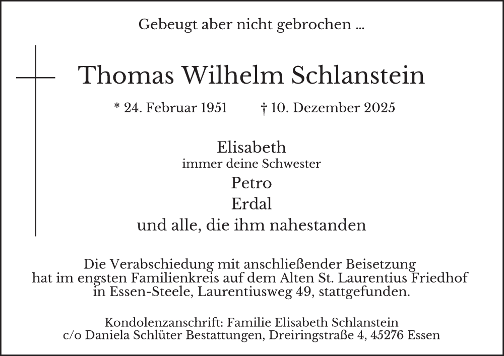  Traueranzeige für Thomas Wilhelm Schlanstein vom 20.12.2025 aus Tageszeitung