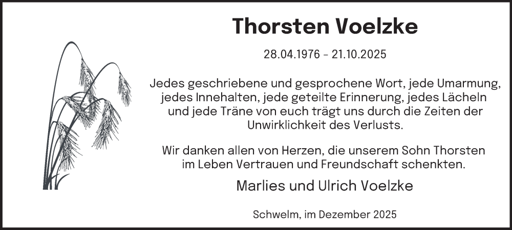  Traueranzeige für Thorsten Voelzke vom 20.12.2025 aus Tageszeitung