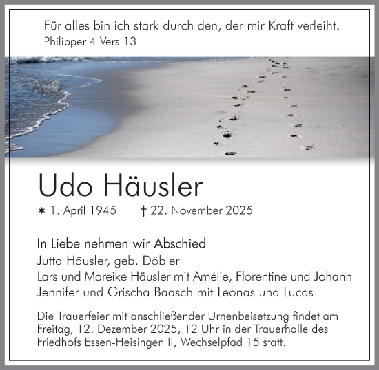 Traueranzeige von Udo Häusler von Tageszeitung