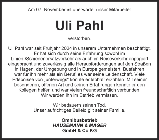Traueranzeige von Uli Pahl von Tageszeitung