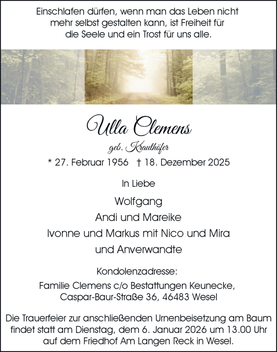 Traueranzeige von Ulla Clemens von Tageszeitung
