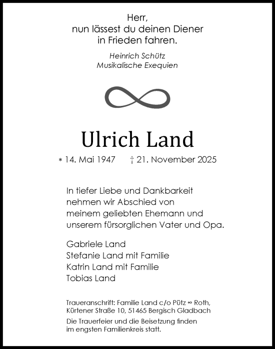 Traueranzeige von Ulrich Land von Tageszeitung