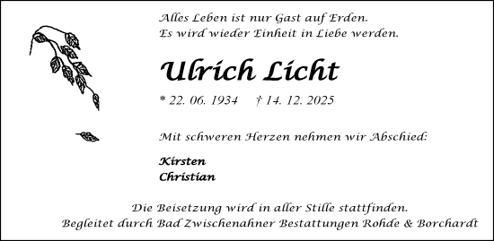 Traueranzeige von Ulrich Licht von Tageszeitung