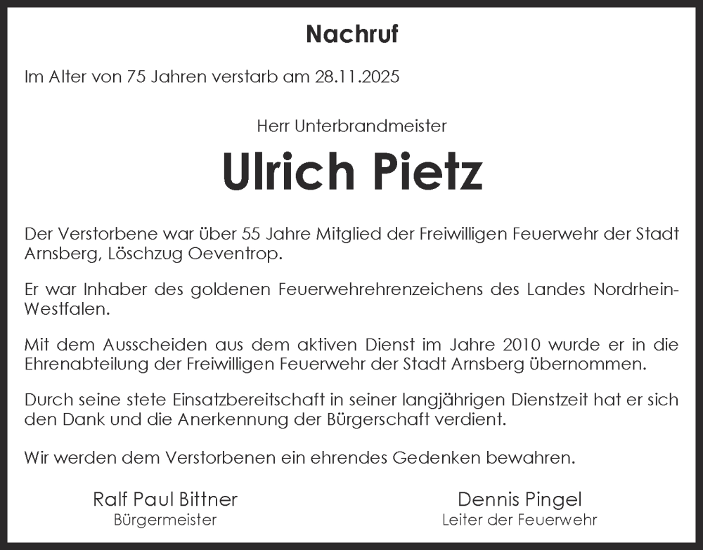  Traueranzeige für Ulrich Pietz vom 12.12.2025 aus Tageszeitung