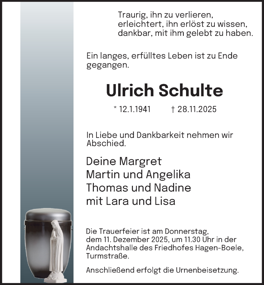  Traueranzeige für Ulrich Schulte vom 06.12.2025 aus Tageszeitung